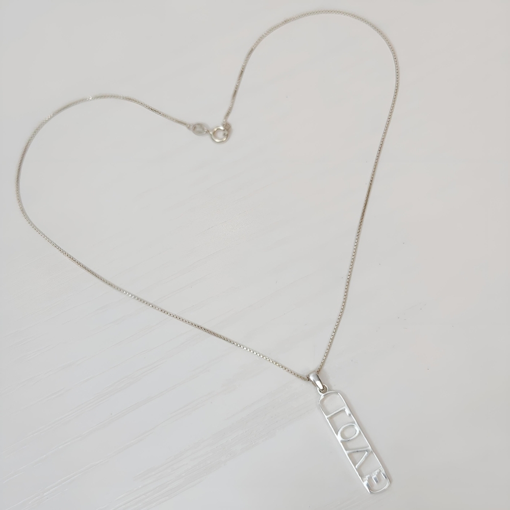 SU Sterling Silver Open work LOVE Bar Pendant Necklace Thailand 17" - Picture 11 of 13